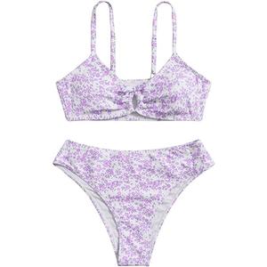 COZYEASE Girls' 2 Piece Ditsy Floral Print Knot Front Ruched Triangle Bikini Swimsuit (8 Years)