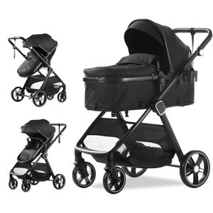 Trenana 2 in 1 Baby Stroller - High Landscape Infant Stroller with Reversible Bassinet, Adjustable Backrest & Canopy, Foldable Aluminum Alloy Anti-Shock for Newborns (Black)