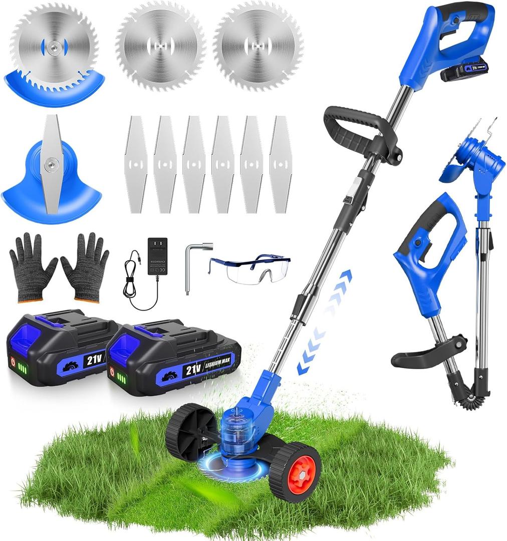 Electric Weed Wacker with Wheels, String Trimmer with 2 x 24V Batteries and Charger,Cordless Weed Eater, Grass Trimmer/Edger Lawn Tool/Brush Cutter