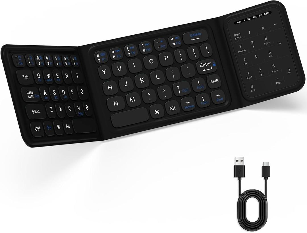 Foldable Bluetooth Keyboard, Folding Wireless Keyboard with Trackpad and Numeric Keypad, Portable Travel Keyboards for iPad Tablet Smartphone Laptop PC Windows iOS Android, Black