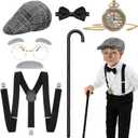 Lenski 100 Days of School Costume, Old Man Costume for Kids with Cane, Suspenders, Hat, Glasses, Tie & Pocket Watch (Gray)