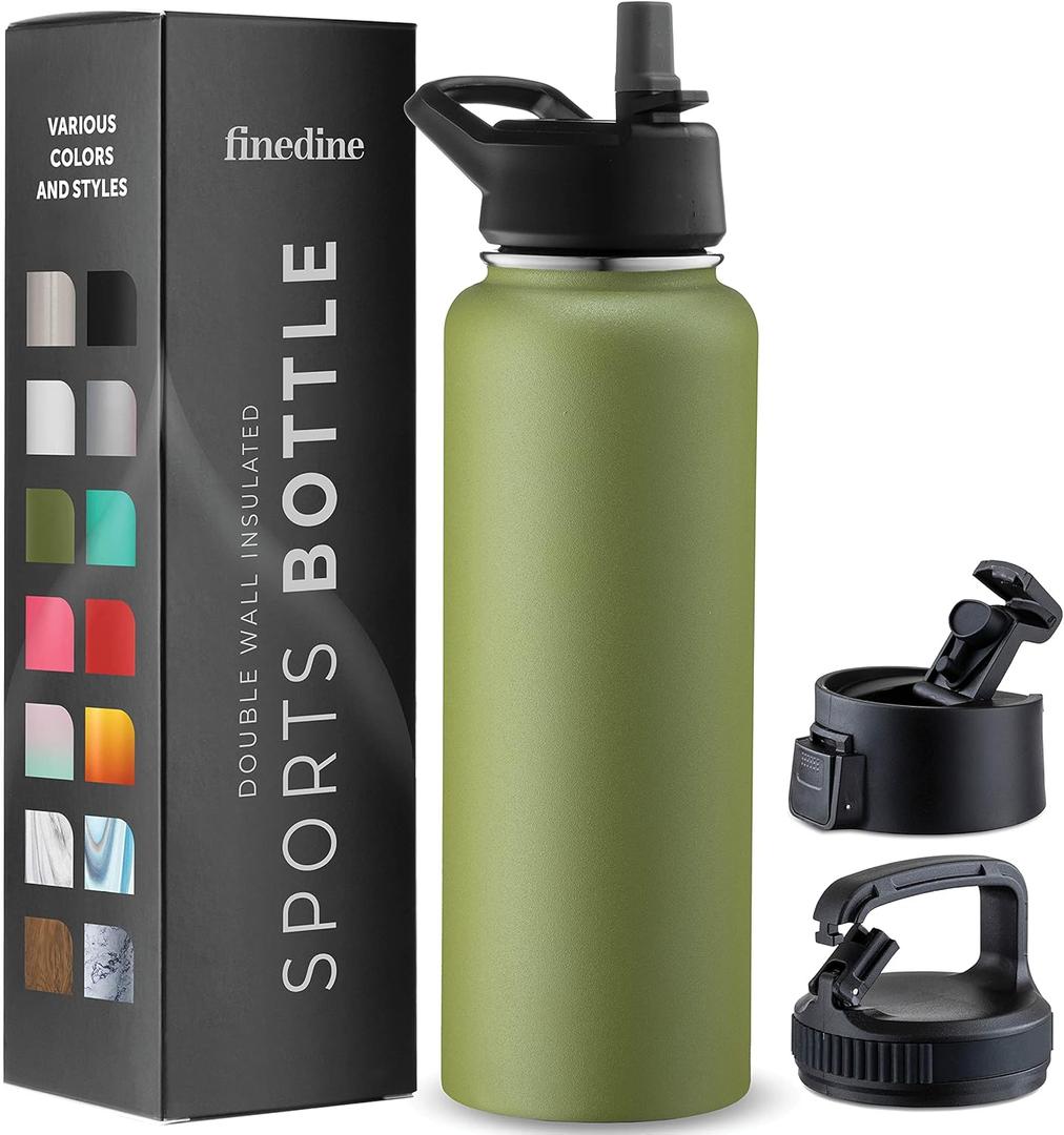 FineDine Water Bottle - Stainless Steel Insulated Water Bottle with Straw Lid, Flip Lid & Wide-Mouth Cap - Keeps Hot and Cold - 40 Oz / 1.18L - Army Green