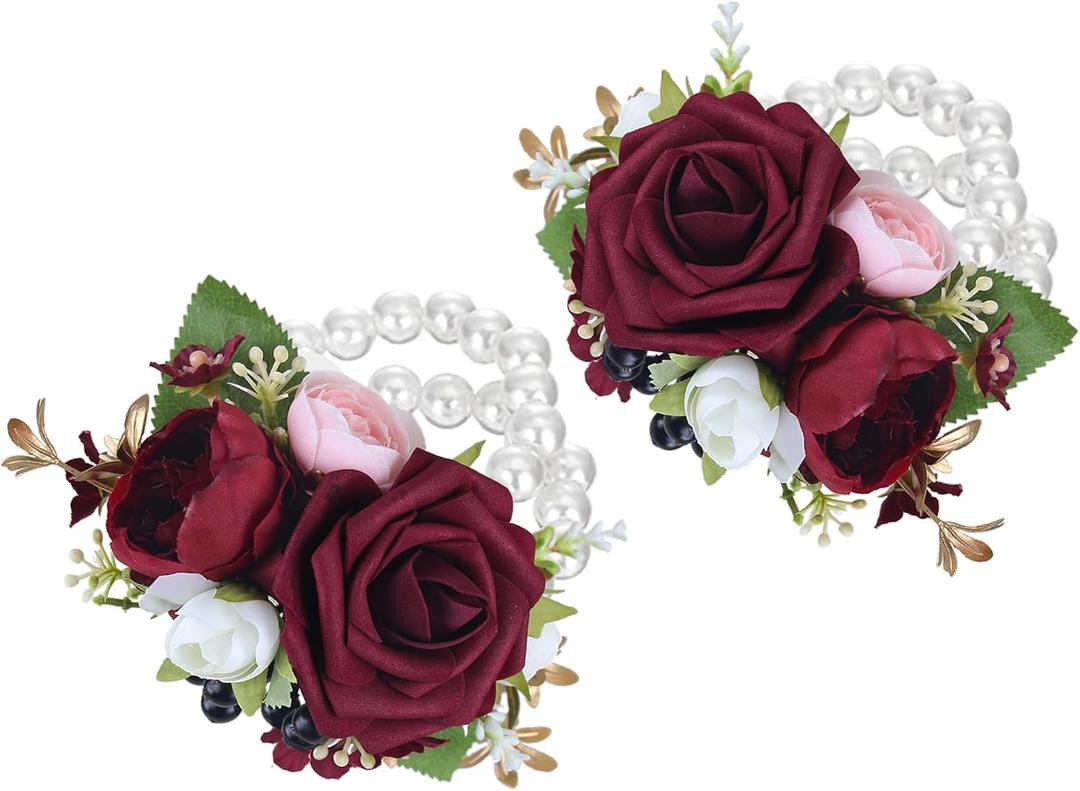 Rinlong 2Pcs Burgundy Wrist Corsage for Wedding, Prom, Homecoming | Bridesmaid Wristlet, Mother of the Bride Flower Corsage