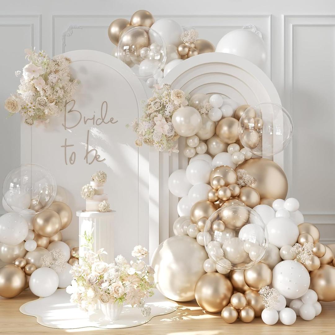 CROSSFINGERS Pearl Champagne Gold and White Balloon Garland Arch Kit, Double Stuffed 168pcs Pearl White Balloons for Birthday Wedding Baby Shower Bridal Shower Engagement Party Decoration