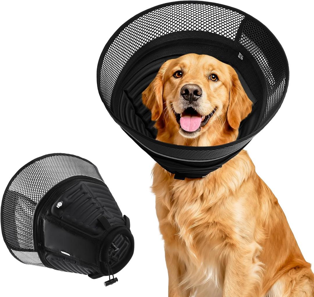 Inflatable Dog Cone for Dogs After Surgery,Soft Adjustable Elizabethan Collar for Large Dogs,2-in-1 Dog Cone with Detachable Shield,Anti-Anxiety Comfortable Pet E-Collar Prevents Licking Wounds(XL) (Black)