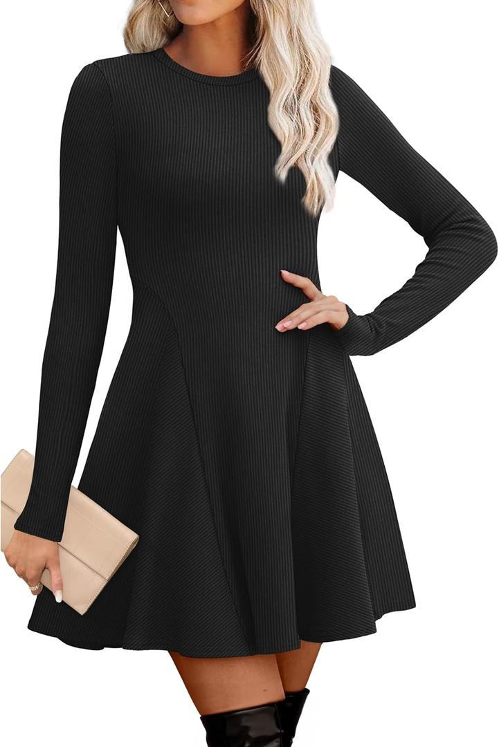OFEEFAN Sweater Dress for Women Fall 2025 Long Sleeve Crew Neck Ribbed Knit Fit and Flare A-Line Dresses S