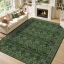 Washable 9x12 Area Rug for Spring Living Room Bedroom Dining Room Under Kitchen Table,Non-Slip Low Pile Stain Resistant Soft Large Carpet for Vintage Floral Oriental Home Decor Grass Green