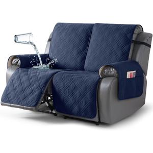 TAOCOCO 100% Waterproof Loveseat Recliner Cover, Non Slip Split Loveseat Covers for Reclining Loveseat with Elastic Straps, Washable Recliner Chair/Furniture Protector for Pets(2 Seater, Navy Blue)