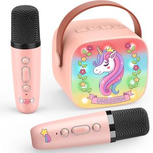 Unicorn Karaoke Microphone Machine Toys: Colorful LED Portable Bluetooth Speaker with 2 Wireless Mics Toys for 4 5 6 7 8 9 Years Old Girls Kids Christmas Birthday Gifts Stocking Stuffers for Grandkids (Pink)