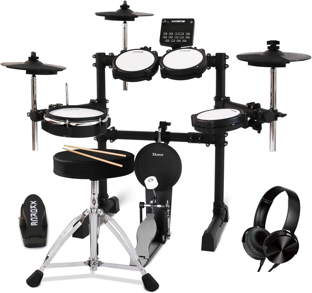 Electronic Drum Set Electric Drum Kit with 4 Quiet Mesh Pads and 6" Kick Drum, 360 Sounds, Headphones, Sticks, Dual Bluetooth function, Suit for Beginner (Bhp70k)