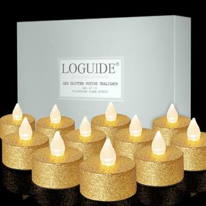 LOGUIDE Battery Operated LED Tea Lights,24 Pack Gold Flameless Votive Tealights Candle with Warm White Flickering light, Small Electric Fake Tea Candle Realistic for Wedding,Table,Festival Celebration