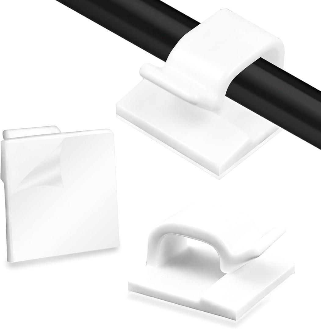 2 x 100PCS Adhesive Cable Clips, 0.55 Inch Small Wire Clips for Cable Management, Strong Cord Holders for Wall, Desk, Christmas Lights, TV & Ethernet Cables – White