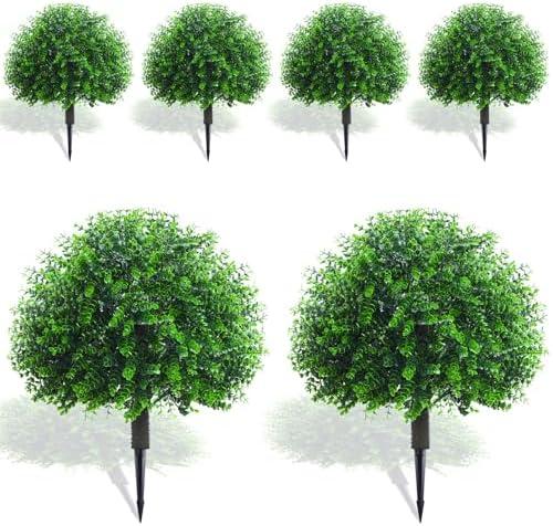 Yunlly 6 Pcs 18 Inch Artificial Boxwood Ball Topiary Tree Fake Outdoor Plants Bush, UV Resistance Faux Shrubs with Spike Realistic Greenery Potted for Indoor Garden Yard Porch Patio Decor (Green)