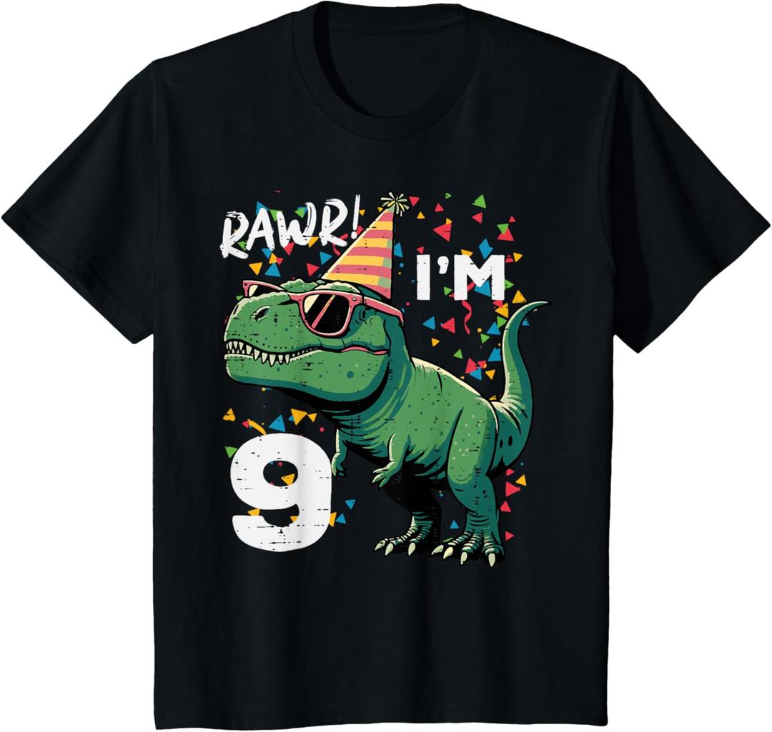 Kids 9th Birthday Trex Rawr Im 9 Years Old Bday Dino Boys Kids T-Shirt (Black), 2T