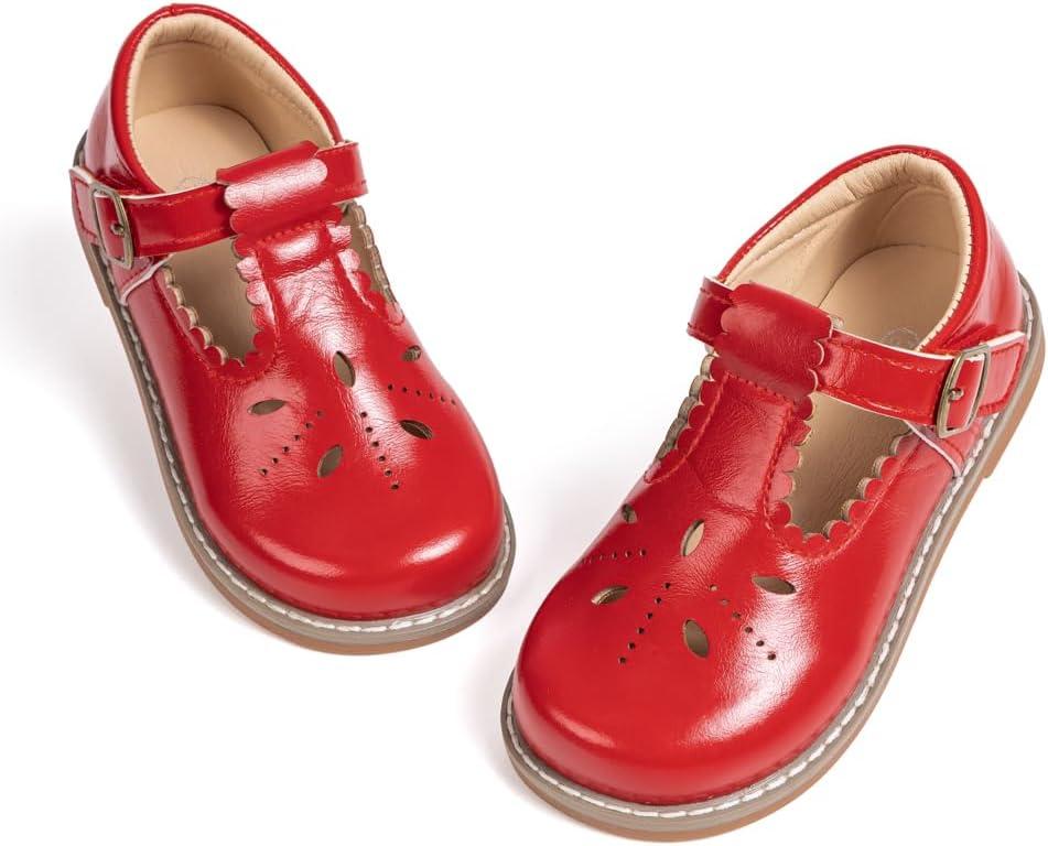 Bellocasa Toddler Girls Mary Jane Dress Shoes - Ballerina Flats for Little Girl Party School Uniform Shoes(JY5306 Red, 29)
