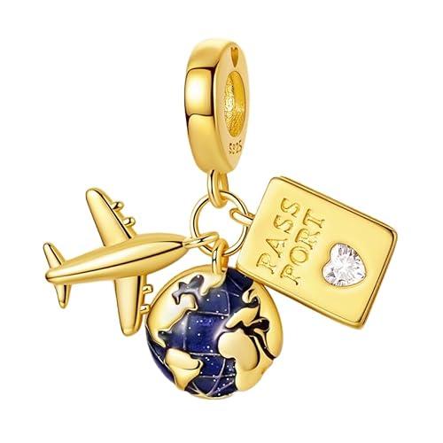 ASULIIAS Golden Airplane Passport Charm 925 Sterling Silver Charms Fits Women's Charm Bracelet and Necklace Bead Charms Jewelry Gifts for Sister Friend
