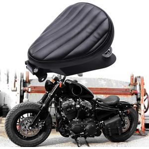 DREAMIZER Motorcycle Seat Cushion Driver Solo Seats with Spring Bracket PU Leather Compatible with Harley Honda Yamaha Kawasaki Sportster Iron 883 1200 Chopper Bobber Cafe Racer (Black,Vertical Line)