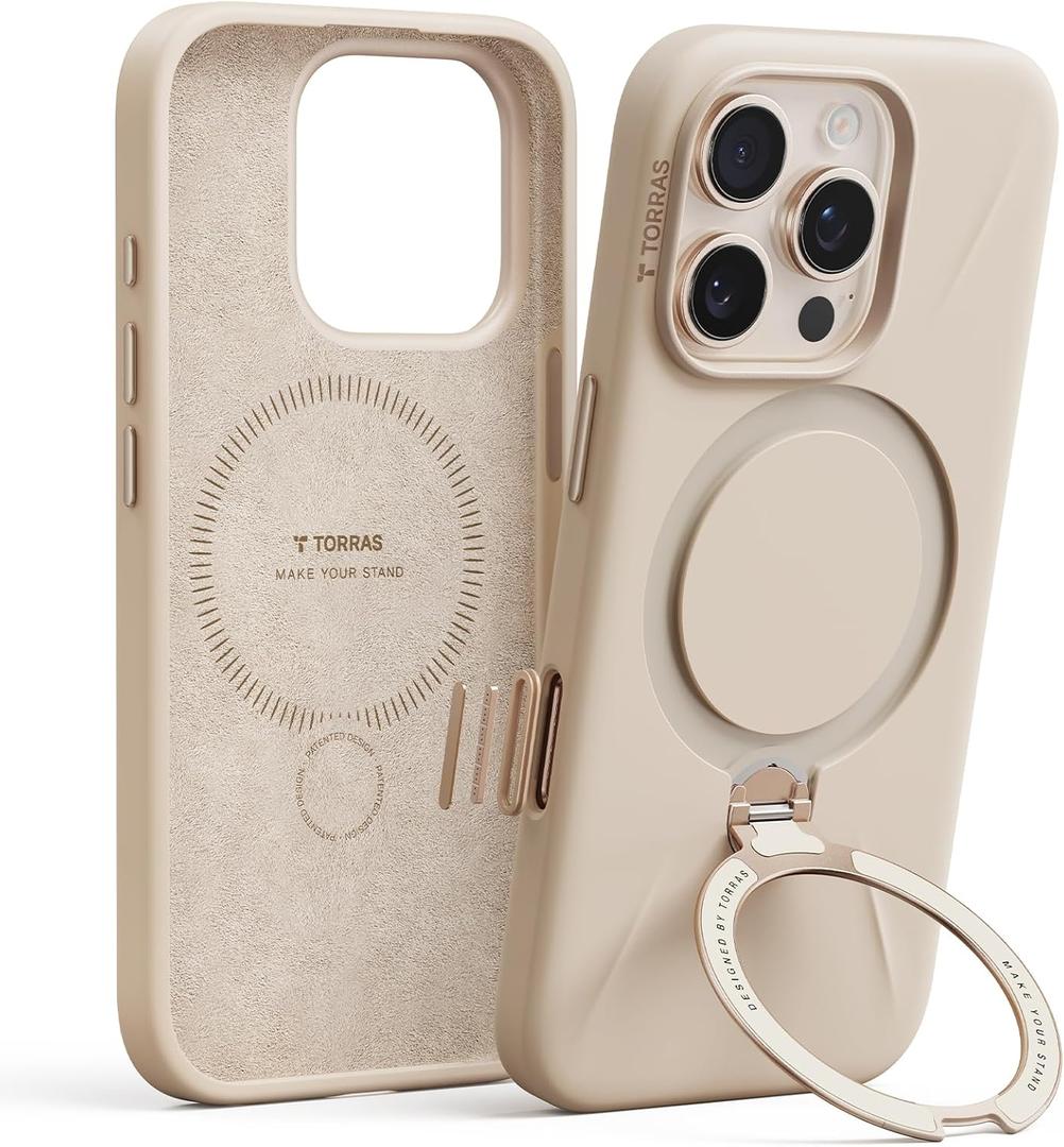 TORRAS Liquid Silicone for iPhone 16 Pro Case with 360 Spin Magnetic Ring Stand & Camera Control, Fit for MagSafe, Non-Slip Protective Rubber Soft Case for iPhone 16 Pro, Desert Gold 6.3''