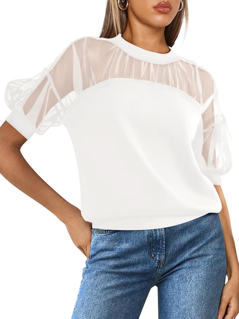 PRETTYGARDEN Women's 2025 Summer Crew Neck Short Sleeve Shirts Lace Going Out Sheer Mesh Crop Tops Dressy Casual Blouses (White)
