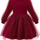 Little Bitty Girls Long Sleeve A-Line Tulle Princess Dress, Midi Length Casual Party Ribbed Knit Top Tulle Skirt 4-13 Years (3T, Crimson Red)