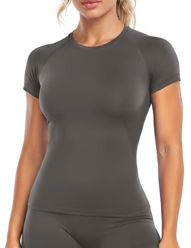 Ieumaz Gym Workout Tops for Women Short Sleeve Longline Athletic Tops Fitted Crew Neck Yoga Sports Compression T-Shirts M