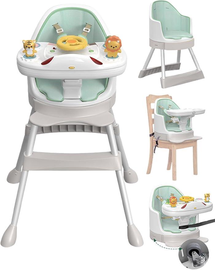 Baby High Chair, 8-in-1 Convertible High Chair, Booster Seat for Dining Table with Removable Tray and Buckle Strap, Music & Lights for Sensory Exploration, Baby Floor Seat with Wheel, 6-36 MOS (Green)
