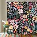 Riyidecor Black Dark Floral Flowers Shower Curtain for Bathroom Decor 72Wx72H Watercolor Plants Leaves Herbs Botanical Wildflower Art Printed Fabric Polyester Waterproof 12 Pack Plastic Hooks