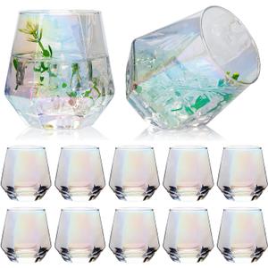 Stemless Wine Glass 10 oz,Iridescent Glassware, Diamond Shape Glass for Gift, Modern Rainbow Wine Glass for Serving White Wine, Red Wine, Cocktail, Whiskey, Bourbon, Cool Water, Set Of 12