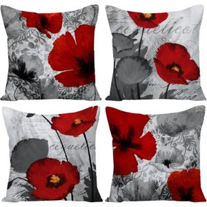 Black Red Flower Pillow Covers Love Pillow Covers Decorative Linen Square Throw Pillow Covers Couple Cushion Cases Home Decor for Sofa Bedroom Car 18x18 Inch