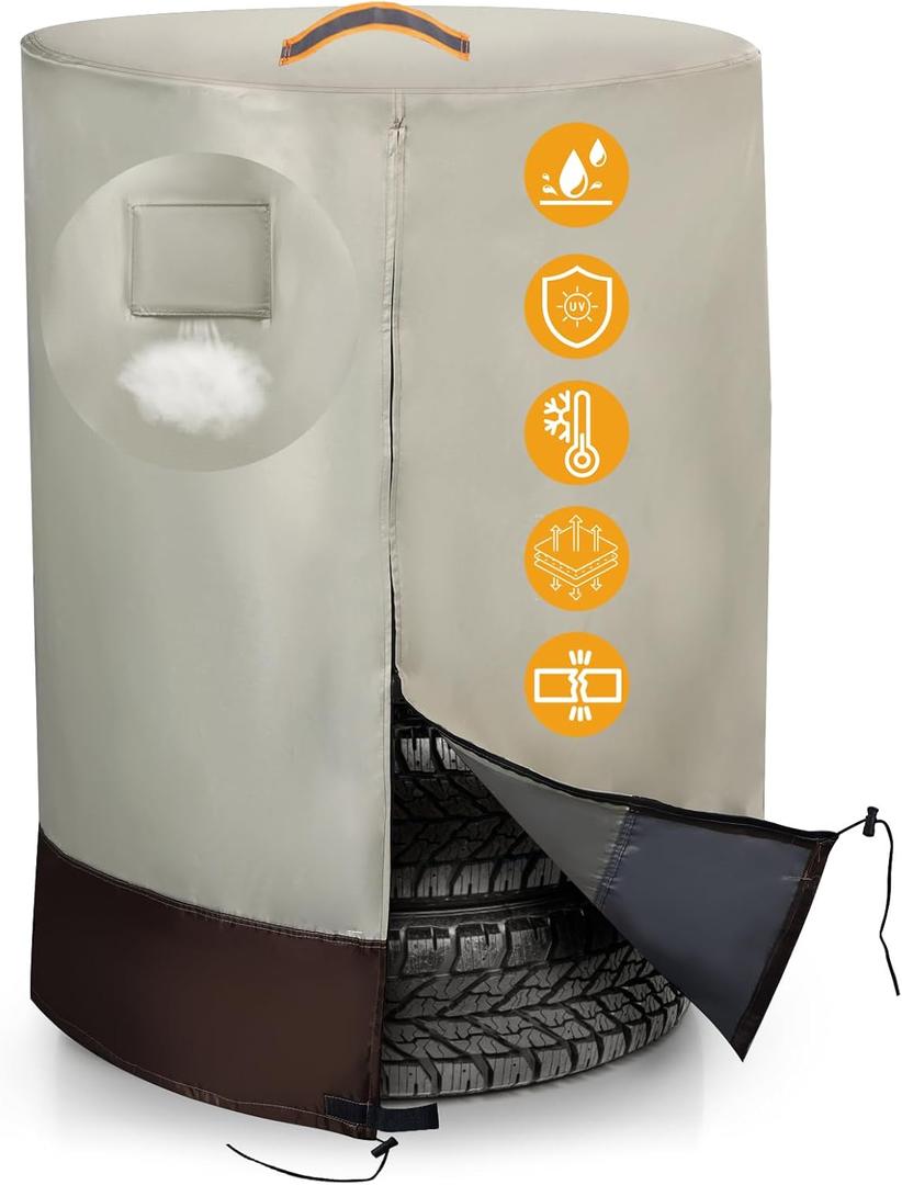 Tire Storage CoverHeavy Duty 420D Tire Stack Cover Waterproof Outdoor Indoor,Universal Large Tire Covers for Storage with Waterproof Zipper,Air Vent (Beige and Brown,Holding 4 Tires Within 32 Inch)