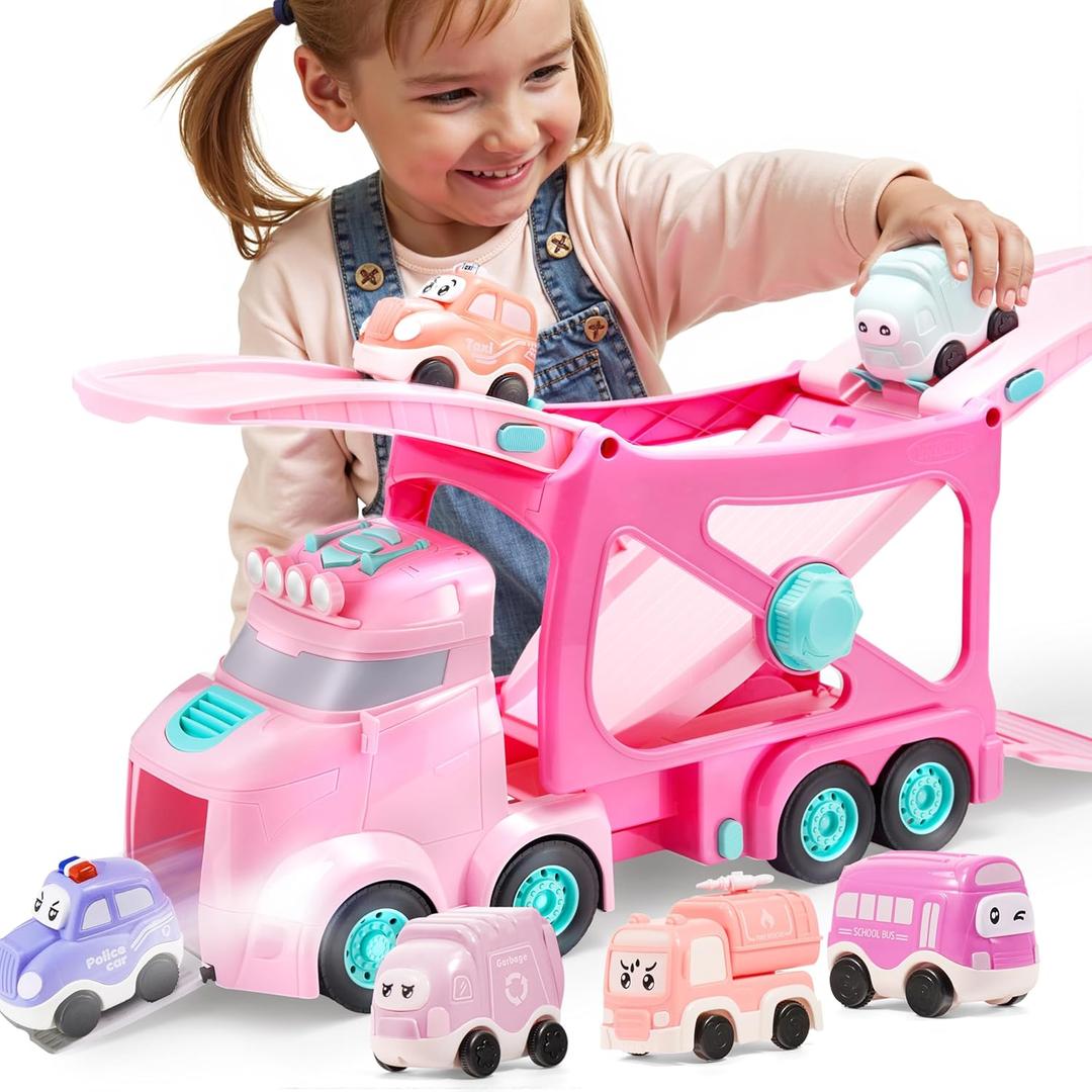 Extra Large Toy Trucks for Toddlers, 3-Layer Princess Pink Trucks for 2 3 4 Year Old Girls, 7-in-1 Big Transport Vehicle Carrier Truck with Siren & Lights and 6 Toy Cars, Birthday Gifts for Girls Kids, Pink