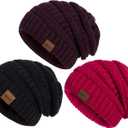 Womens Beanies for Winter 3 Pack, Slouchy Beanies for Women Oversized Knit Warm, Winter Hats for Women Thick for Cold Weather (Black+dark Purple+candy Pink)