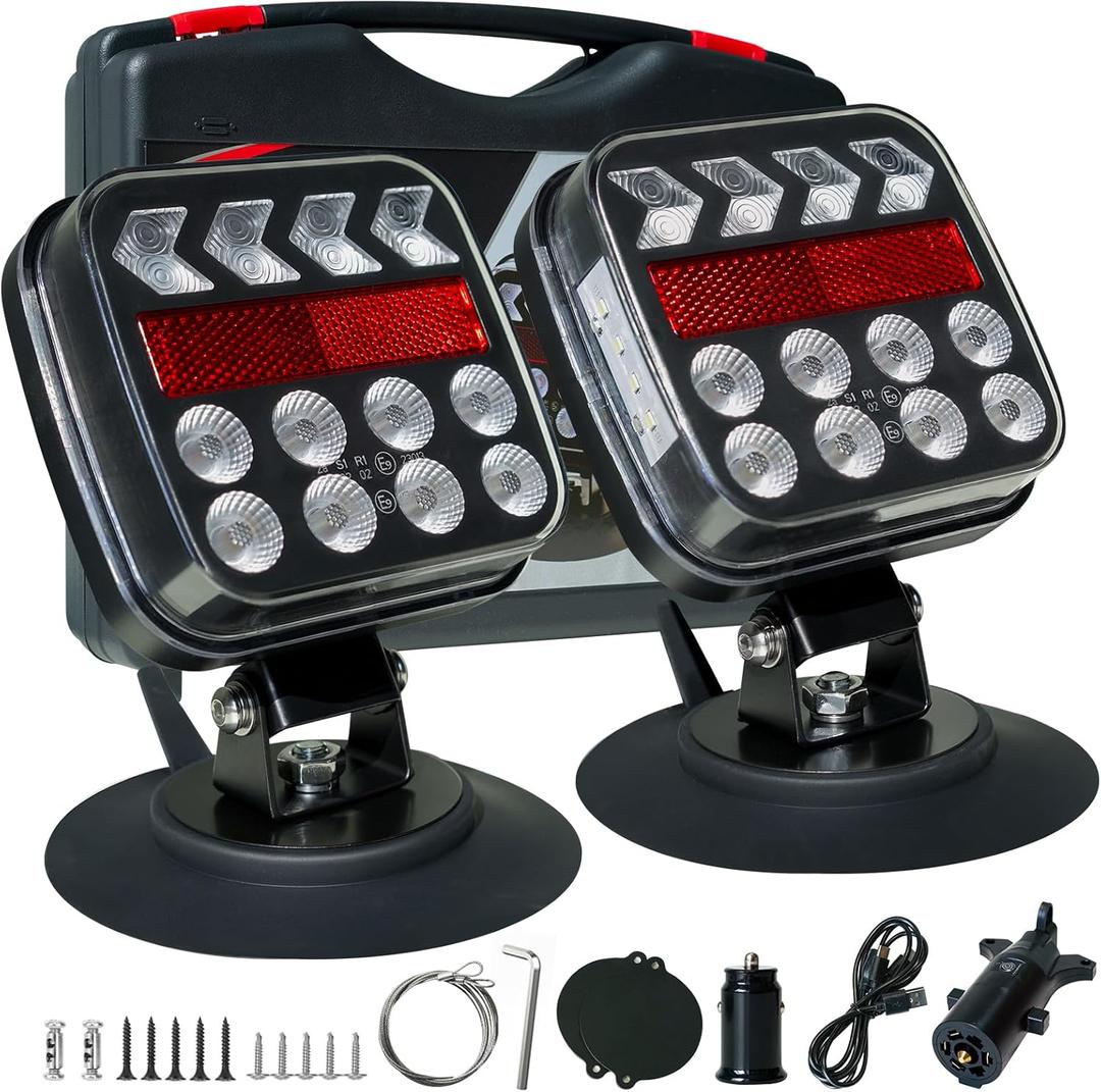 Wireless Trailer Lights with Strobe Mode, Magnetic Wireless Tail Lights for Trailer, USB-C Rechargable 120 Rotatable Tow Light Kit for Truck, RV, Camper, Van, Boat, IP67 Waterproof (Black)