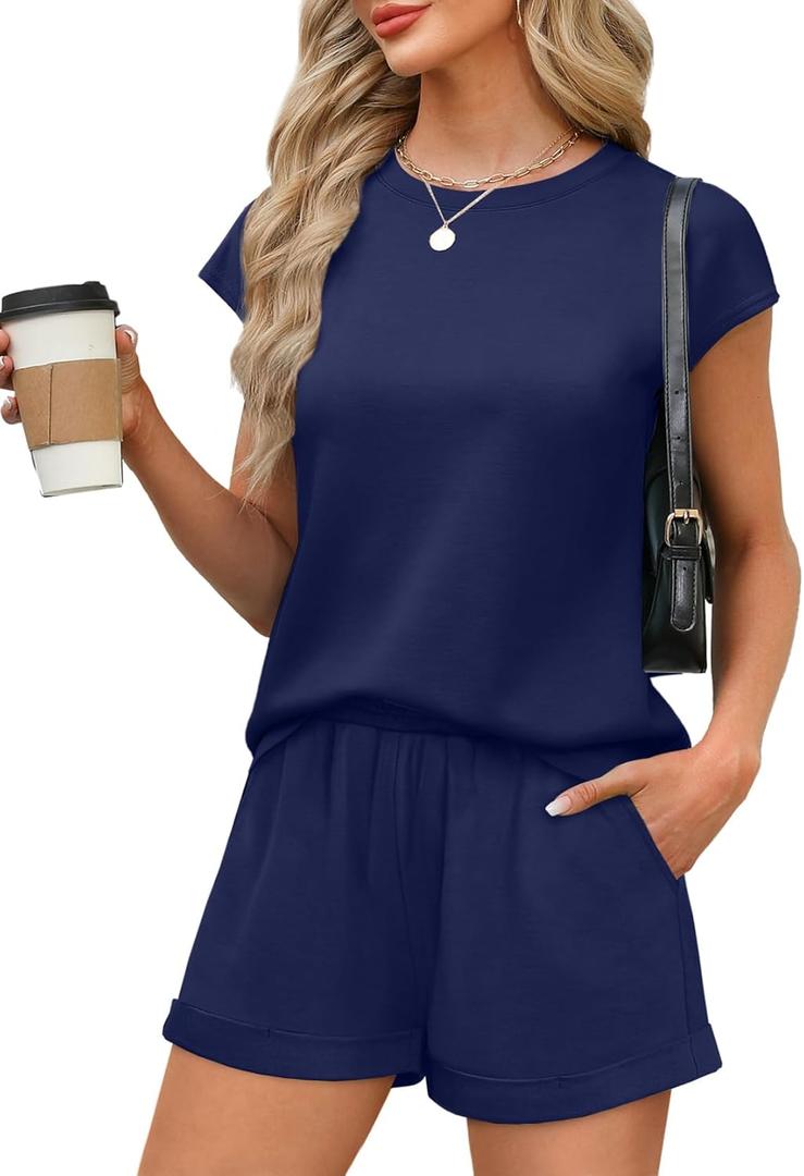 WIHOLL 2 Piece Sets for Women Casual Summer Travel Vacation Outfits Cap Sleeve Shorts Lounge Set (Large, Navy Blue)