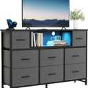 DUMOS TV Stand Dresser with 8 Fabric Drawers and Open Shelves, LED Entertainment Center with Charging Station, Wood Top Media Console for 45-55 inch, Bedroom, Grey