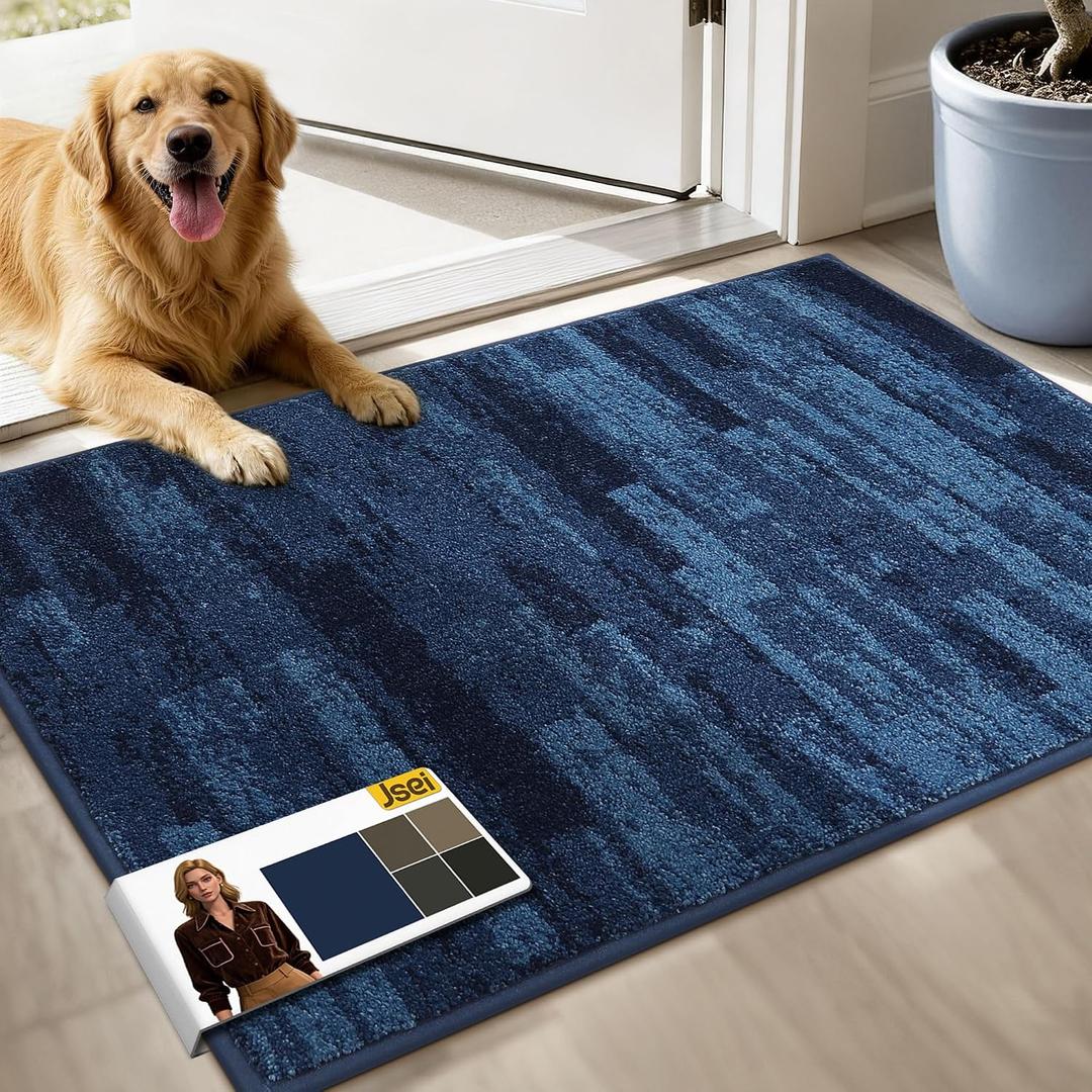 JSEI Dirt Trapper Door Mat 24"x36", Non-Slip Doormats Washable Entryway Mat, Welcome Floor Mat Absorbent Low Profile Dog Door Mats for Front Back Door, Wet Shoes & Paws, Blue