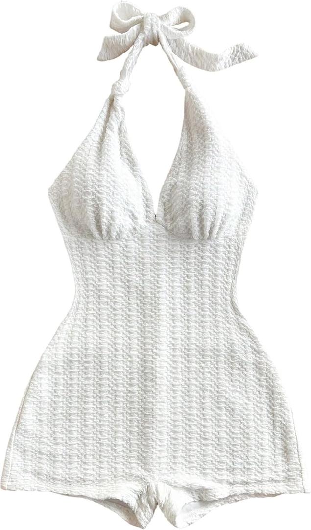 MakeMeChic Women's Halter Short Rompers Summer One Piece Jumpsuits Backless Shapewear (Large, White)