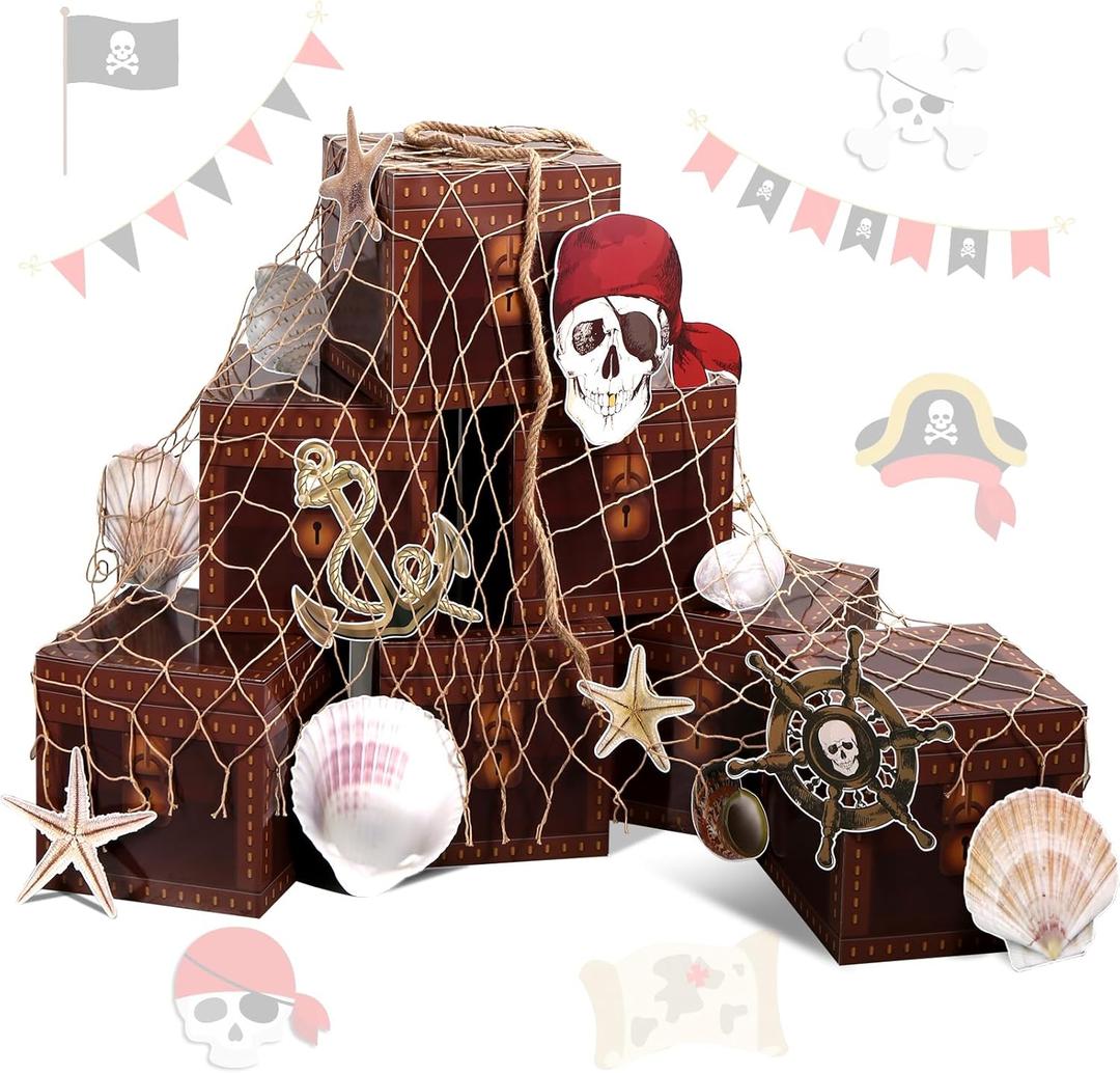 21pc Pirate Party Supplies Treasure Chest Fishing Net Shells Pirate Card Decorations Photo Booth Props for Pirate Birthday, Halloween Decor, Pirate Party Favors Adventure Party Decorations