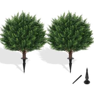 Grooy Artificial Cypress Topiary Tree with Ground Spike, Set of 2 Artificial Shrub Bushes, Fake Evergreen Tree for Porch, Artificial Plants for Outdoor Planters Indoor UV Resistant (Cedar Ball)