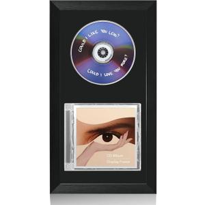 Vertical CD Album Display Frame for Standard Jewel Case and Disc, Wood Frame with Black Flocked EVA Liner, Plexiglass Front, Wall Mount or Tabletop Display, 13.4 x 7.9 in, Black