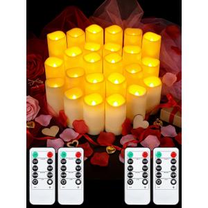 Funtery 24 Pcs Waterproof LED Candles with 4 Remote and Timers, Outdoor Flickering Flameless Candles Realistic Battery Operated Pillar Candles for Wedding Halloween Christmas Home Decorations, 4 Sizes