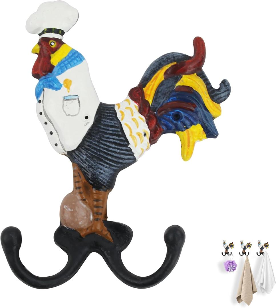 Cast Iron Rooster Wall Hook - 1 Pack Heavy Duty Decorative Hook, Solid Cast Iron Coat Hook with Mounting Screws, for Entryway Kitchen Bedroom