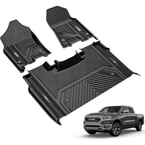 3W Floor Mats Fit for 2019-2024 Dodge Ram 1500 Crew Cab New Body (NOT Classic Models) with Original Storage All Weather TPE Accessories Custom Fit Dodge Ram 1500 Floor Liner Full Set Car Mats
