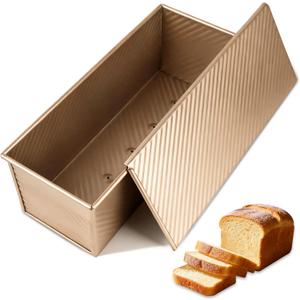 Pullman Loaf Pan with Lid 13x5 Inch, Nonstick Aluminum Steel Bread Pan for Baking, Corrugated Sandwich Toast Pan with Bottom Vent Holes, 2.2LB Gold Loaf Pan