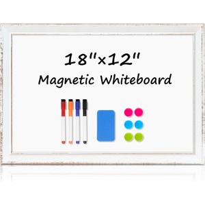 DOLLAR BOSS Magnetic Whiteboard, 18"x12" Dry Erase Board for Wall with White Distressed Frame, Hand-Finished Vintage Decorative White Board for Office, Home & Classroom with Markers, Magnets, Eraser