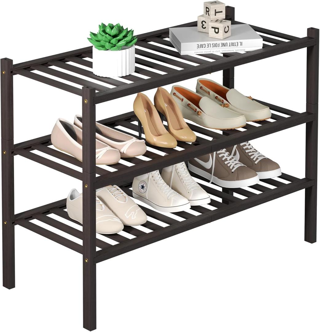 3 Tier Bamboo Shoe Rack for Closet Free Standing Wood Shoe Shelf for Entryway Small Space Stackable 27"x11"x20" (Brown)