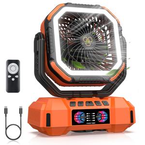 Glitnous Portable Camping Fan 40000mAh Battery Powered, Rechargeable Camping Fan with Remote & LED Light, 4 Speed Strong Airflow & 3 Colors Light for Desk/Outdoor/Tent/Camping/Fishing, Orange