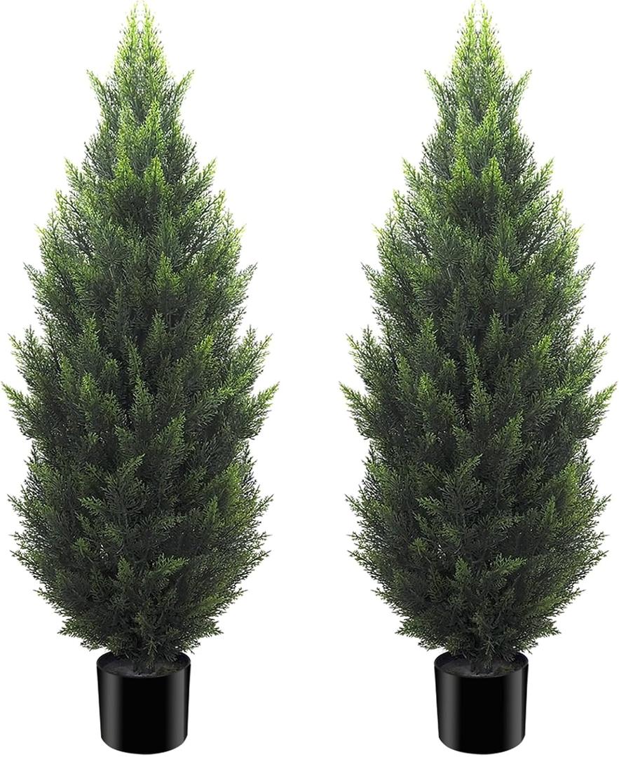 4FT Artificial Cedar Topiary Tree Lifelike Faux Cedar Pines Christmas Trees UV Rated Faux Shrubs Everygreen Plants for Front Porch Outdoor Decor Set of 2