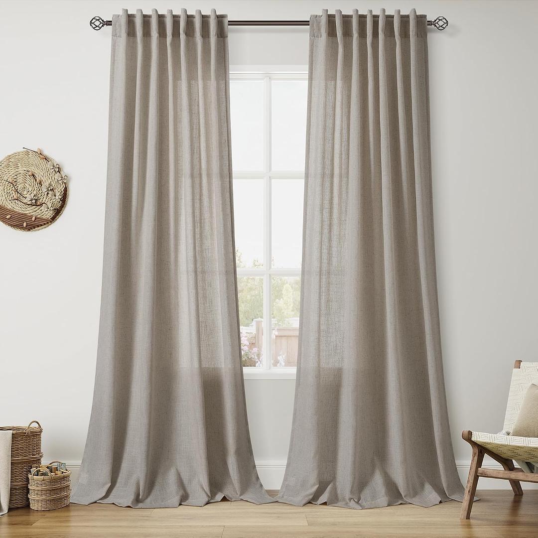 Nanspring 108 Inch Long Curtains for Living Room Grey Beige Linen Simple Modern Light Filtering Semi Sheer Curtain Back Tab Boho Neutral Gray Floor to Ceiling High Window for Bedroom 52x108,2 Panels