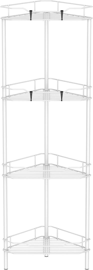 HuggieGems 4 Tier Floor Standing Corner Shower Caddy Organizer Shelf with Hooks, Bathroom Shelves Stand Rack, White